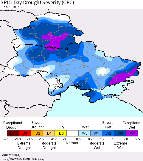 Ukraine, Moldova and Belarus SPI 5-Day Drought Severity (CPC) Thematic Map For 1/6/2021 - 1/10/2021