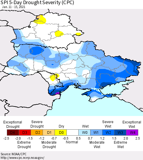 Ukraine, Moldova and Belarus SPI 5-Day Drought Severity (CPC) Thematic Map For 1/11/2021 - 1/15/2021