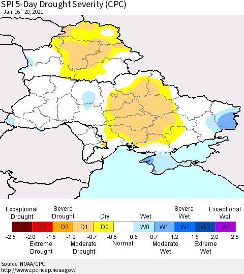Ukraine, Moldova and Belarus SPI 5-Day Drought Severity (CPC) Thematic Map For 1/16/2021 - 1/20/2021