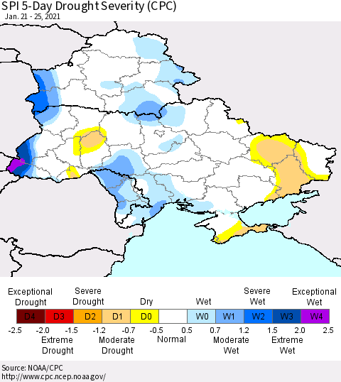 Ukraine, Moldova and Belarus SPI 5-Day Drought Severity (CPC) Thematic Map For 1/21/2021 - 1/25/2021