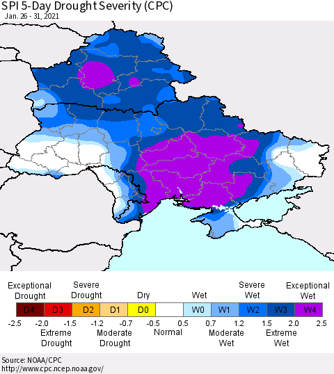 Ukraine, Moldova and Belarus SPI 5-Day Drought Severity (CPC) Thematic Map For 1/26/2021 - 1/31/2021