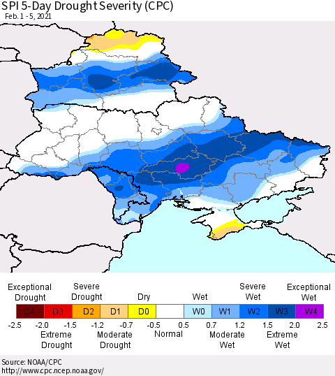 Ukraine, Moldova and Belarus SPI 5-Day Drought Severity (CPC) Thematic Map For 2/1/2021 - 2/5/2021