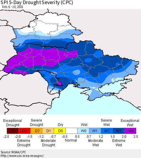 Ukraine, Moldova and Belarus SPI 5-Day Drought Severity (CPC) Thematic Map For 2/6/2021 - 2/10/2021