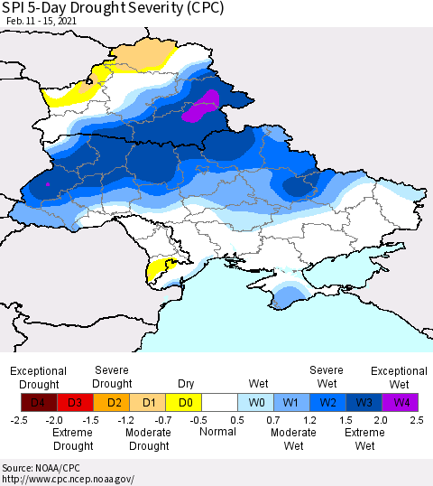 Ukraine, Moldova and Belarus SPI 5-Day Drought Severity (CPC) Thematic Map For 2/11/2021 - 2/15/2021