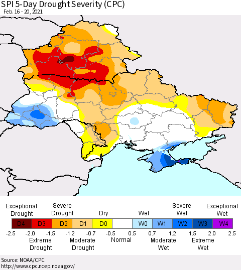 Ukraine, Moldova and Belarus SPI 5-Day Drought Severity (CPC) Thematic Map For 2/16/2021 - 2/20/2021