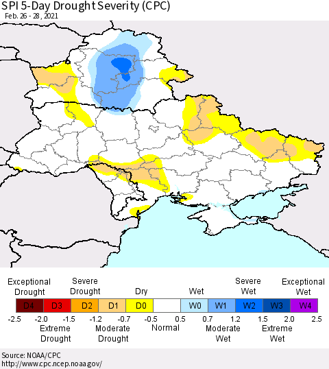 Ukraine, Moldova and Belarus SPI 5-Day Drought Severity (CPC) Thematic Map For 2/26/2021 - 2/28/2021