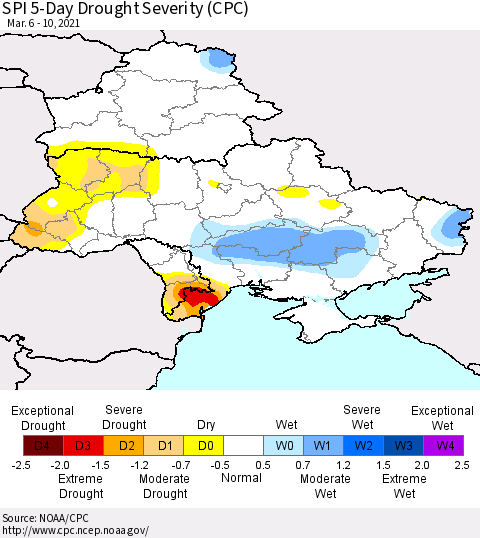 Ukraine, Moldova and Belarus SPI 5-Day Drought Severity (CPC) Thematic Map For 3/6/2021 - 3/10/2021