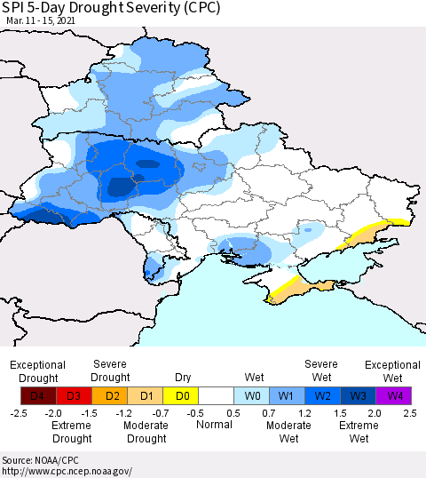 Ukraine, Moldova and Belarus SPI 5-Day Drought Severity (CPC) Thematic Map For 3/11/2021 - 3/15/2021