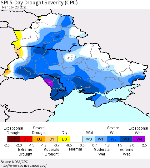 Ukraine, Moldova and Belarus SPI 5-Day Drought Severity (CPC) Thematic Map For 3/16/2021 - 3/20/2021