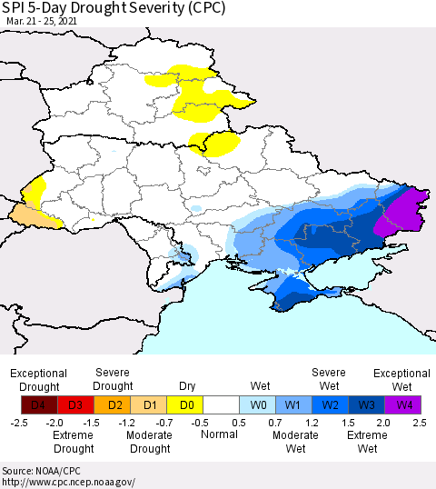 Ukraine, Moldova and Belarus SPI 5-Day Drought Severity (CPC) Thematic Map For 3/21/2021 - 3/25/2021