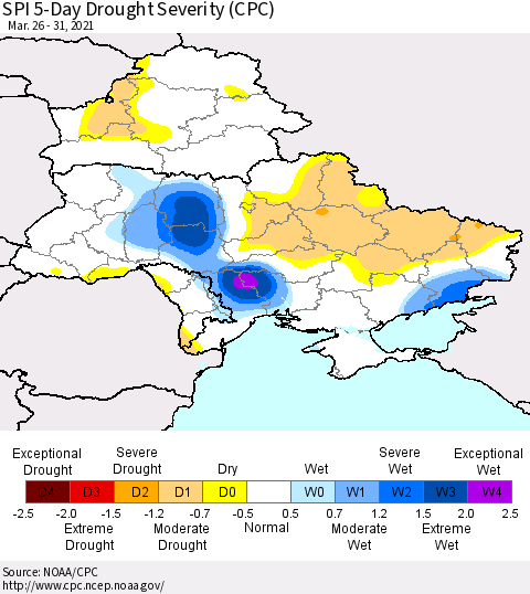 Ukraine, Moldova and Belarus SPI 5-Day Drought Severity (CPC) Thematic Map For 3/26/2021 - 3/31/2021