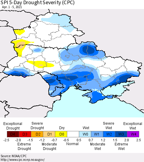 Ukraine, Moldova and Belarus SPI 5-Day Drought Severity (CPC) Thematic Map For 4/1/2021 - 4/5/2021
