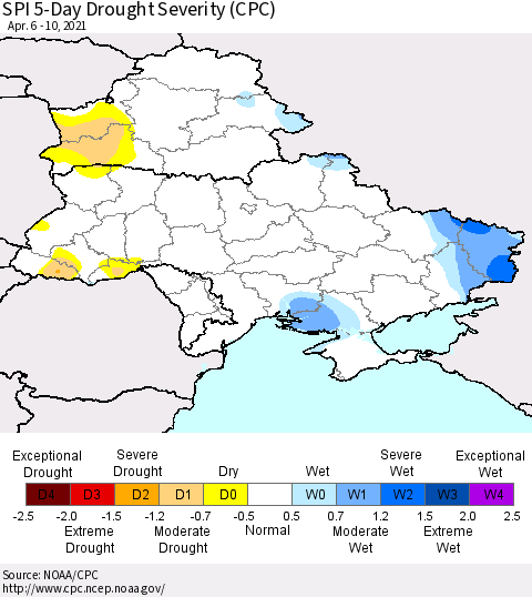 Ukraine, Moldova and Belarus SPI 5-Day Drought Severity (CPC) Thematic Map For 4/6/2021 - 4/10/2021