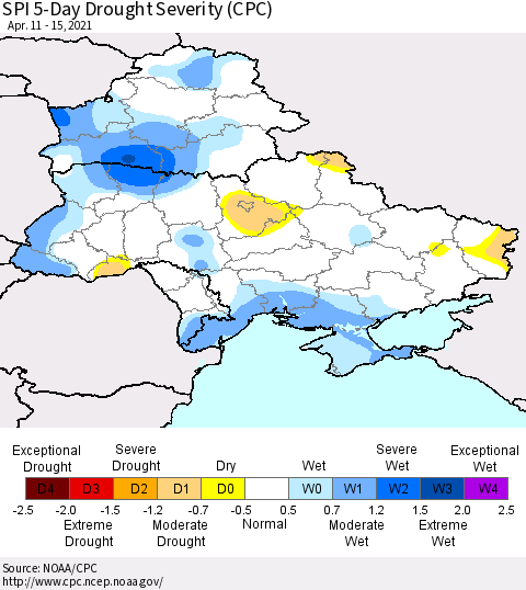 Ukraine, Moldova and Belarus SPI 5-Day Drought Severity (CPC) Thematic Map For 4/11/2021 - 4/15/2021