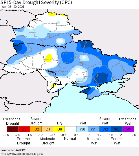 Ukraine, Moldova and Belarus SPI 5-Day Drought Severity (CPC) Thematic Map For 4/16/2021 - 4/20/2021
