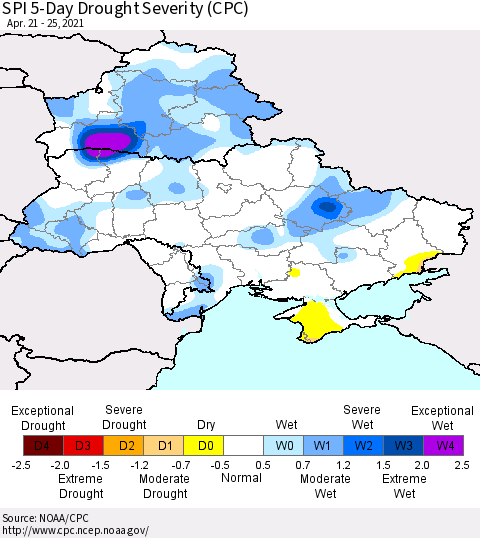 Ukraine, Moldova and Belarus SPI 5-Day Drought Severity (CPC) Thematic Map For 4/21/2021 - 4/25/2021