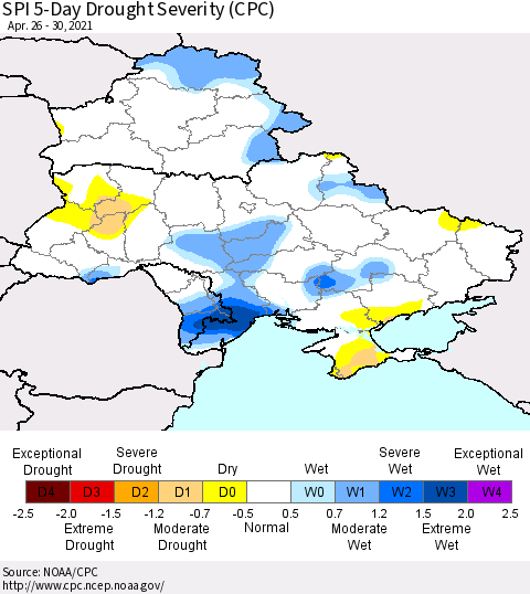 Ukraine, Moldova and Belarus SPI 5-Day Drought Severity (CPC) Thematic Map For 4/26/2021 - 4/30/2021