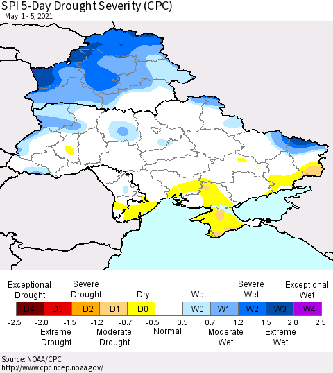 Ukraine, Moldova and Belarus SPI 5-Day Drought Severity (CPC) Thematic Map For 5/1/2021 - 5/5/2021