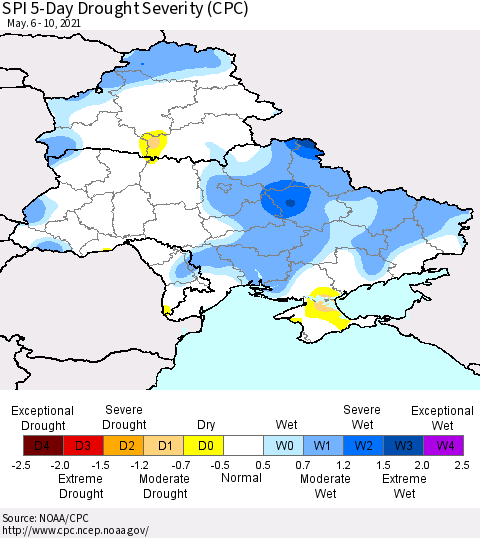 Ukraine, Moldova and Belarus SPI 5-Day Drought Severity (CPC) Thematic Map For 5/6/2021 - 5/10/2021