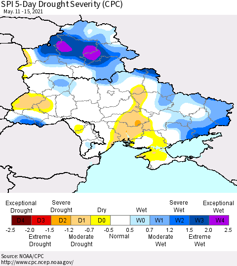 Ukraine, Moldova and Belarus SPI 5-Day Drought Severity (CPC) Thematic Map For 5/11/2021 - 5/15/2021