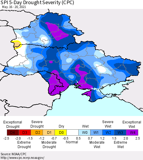 Ukraine, Moldova and Belarus SPI 5-Day Drought Severity (CPC) Thematic Map For 5/16/2021 - 5/20/2021