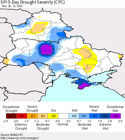 Ukraine, Moldova and Belarus SPI 5-Day Drought Severity (CPC) Thematic Map For 5/26/2021 - 5/31/2021