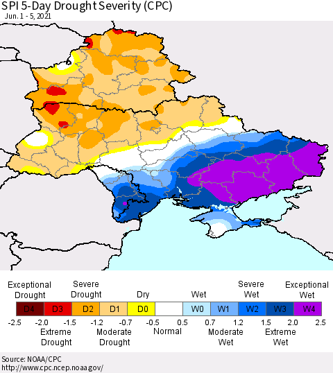 Ukraine, Moldova and Belarus SPI 5-Day Drought Severity (CPC) Thematic Map For 6/1/2021 - 6/5/2021