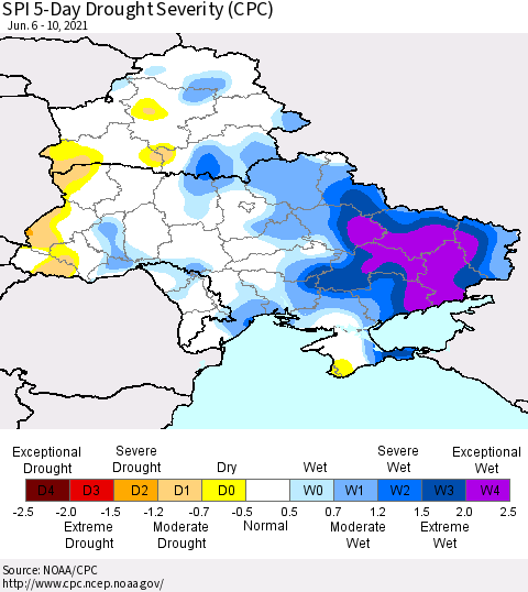 Ukraine, Moldova and Belarus SPI 5-Day Drought Severity (CPC) Thematic Map For 6/6/2021 - 6/10/2021