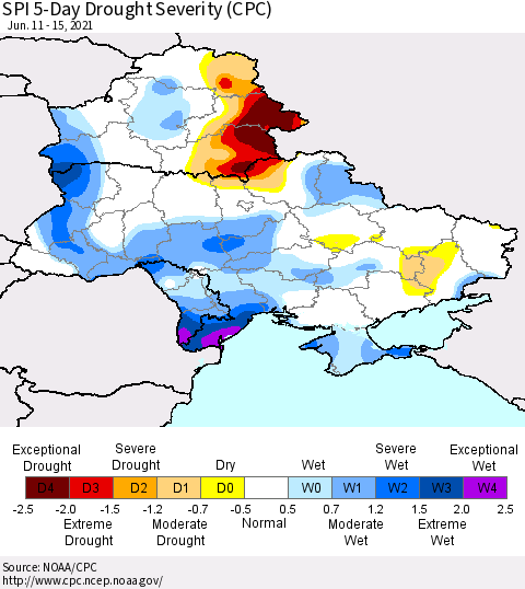 Ukraine, Moldova and Belarus SPI 5-Day Drought Severity (CPC) Thematic Map For 6/11/2021 - 6/15/2021