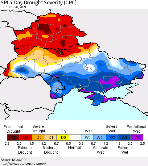 Ukraine, Moldova and Belarus SPI 5-Day Drought Severity (CPC) Thematic Map For 6/16/2021 - 6/20/2021