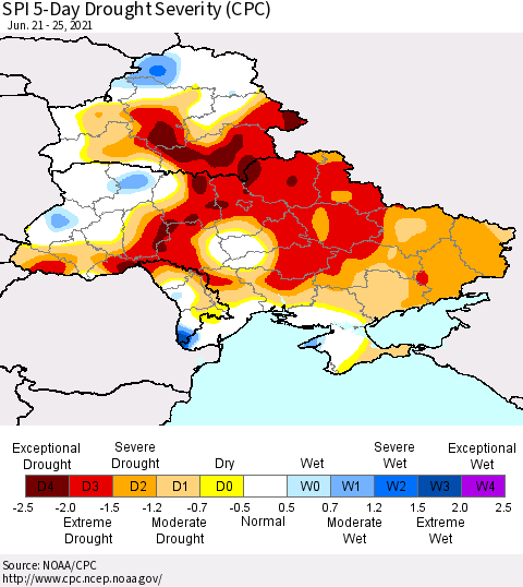 Ukraine, Moldova and Belarus SPI 5-Day Drought Severity (CPC) Thematic Map For 6/21/2021 - 6/25/2021