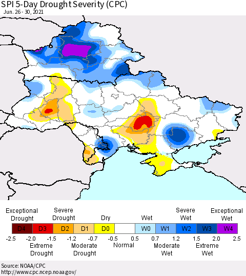 Ukraine, Moldova and Belarus SPI 5-Day Drought Severity (CPC) Thematic Map For 6/26/2021 - 6/30/2021