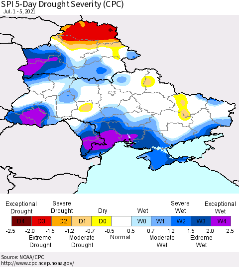 Ukraine, Moldova and Belarus SPI 5-Day Drought Severity (CPC) Thematic Map For 7/1/2021 - 7/5/2021