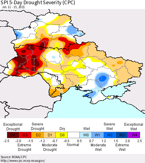 Ukraine, Moldova and Belarus SPI 5-Day Drought Severity (CPC) Thematic Map For 7/11/2021 - 7/15/2021