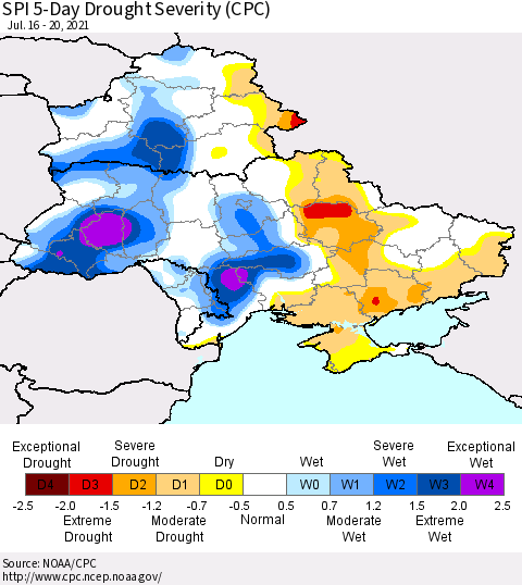 Ukraine, Moldova and Belarus SPI 5-Day Drought Severity (CPC) Thematic Map For 7/16/2021 - 7/20/2021