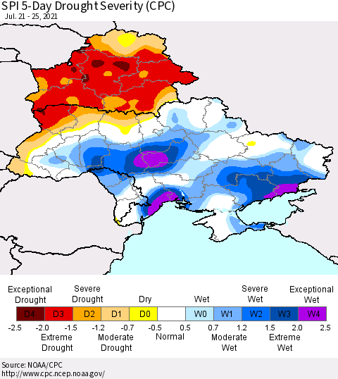 Ukraine, Moldova and Belarus SPI 5-Day Drought Severity (CPC) Thematic Map For 7/21/2021 - 7/25/2021