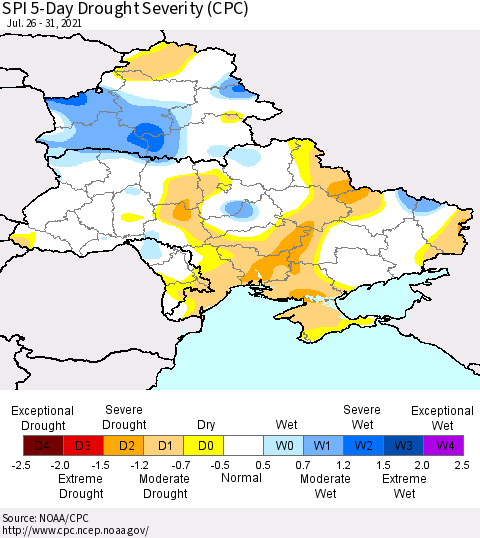 Ukraine, Moldova and Belarus SPI 5-Day Drought Severity (CPC) Thematic Map For 7/26/2021 - 7/31/2021