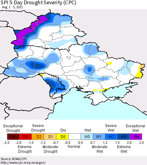 Ukraine, Moldova and Belarus SPI 5-Day Drought Severity (CPC) Thematic Map For 8/1/2021 - 8/5/2021