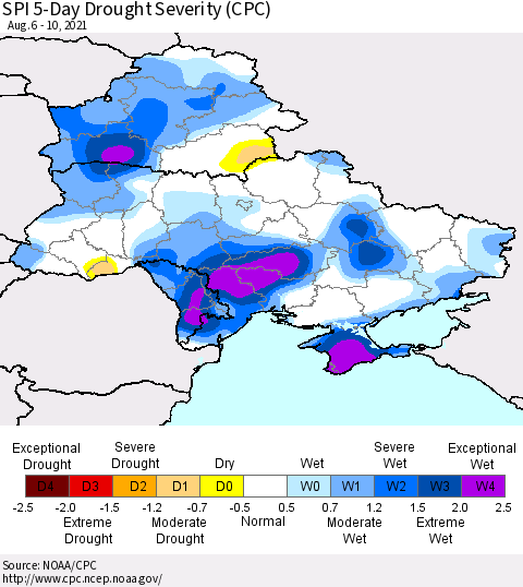 Ukraine, Moldova and Belarus SPI 5-Day Drought Severity (CPC) Thematic Map For 8/6/2021 - 8/10/2021