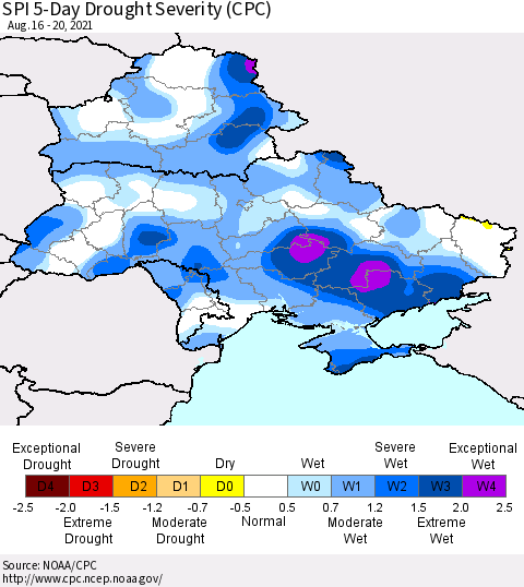 Ukraine, Moldova and Belarus SPI 5-Day Drought Severity (CPC) Thematic Map For 8/16/2021 - 8/20/2021