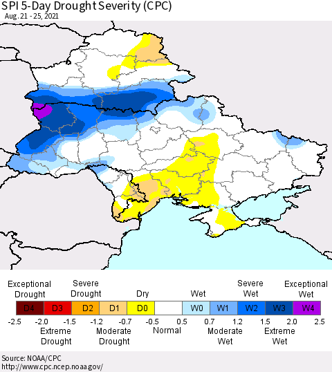 Ukraine, Moldova and Belarus SPI 5-Day Drought Severity (CPC) Thematic Map For 8/21/2021 - 8/25/2021