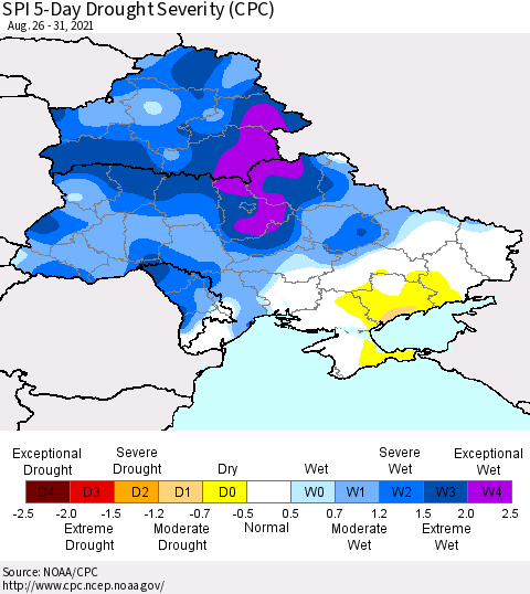 Ukraine, Moldova and Belarus SPI 5-Day Drought Severity (CPC) Thematic Map For 8/26/2021 - 8/31/2021