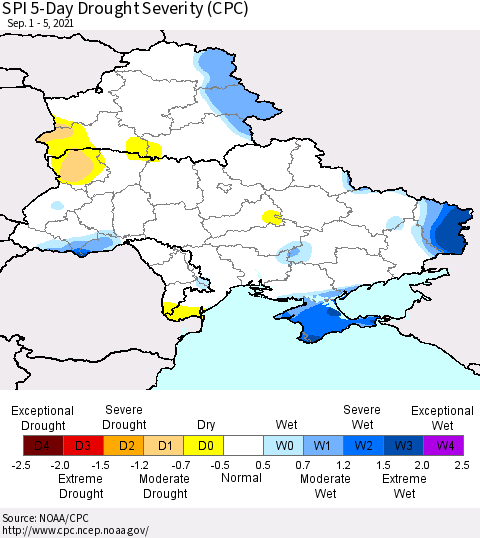 Ukraine, Moldova and Belarus SPI 5-Day Drought Severity (CPC) Thematic Map For 9/1/2021 - 9/5/2021