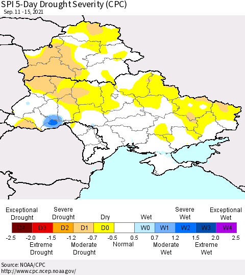 Ukraine, Moldova and Belarus SPI 5-Day Drought Severity (CPC) Thematic Map For 9/11/2021 - 9/15/2021