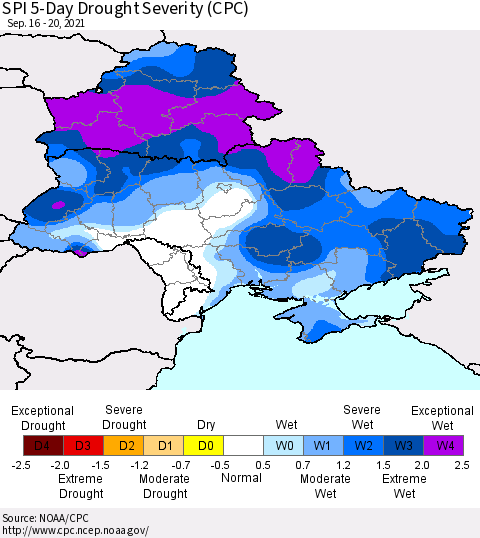 Ukraine, Moldova and Belarus SPI 5-Day Drought Severity (CPC) Thematic Map For 9/16/2021 - 9/20/2021