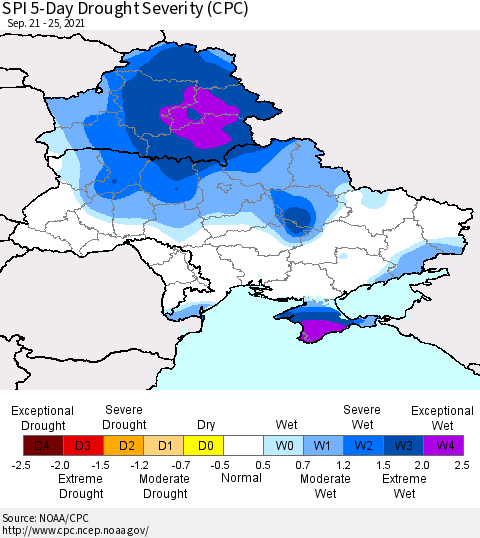 Ukraine, Moldova and Belarus SPI 5-Day Drought Severity (CPC) Thematic Map For 9/21/2021 - 9/25/2021