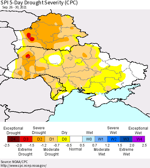 Ukraine, Moldova and Belarus SPI 5-Day Drought Severity (CPC) Thematic Map For 9/26/2021 - 9/30/2021