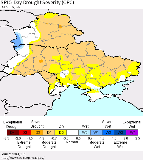 Ukraine, Moldova and Belarus SPI 5-Day Drought Severity (CPC) Thematic Map For 10/1/2021 - 10/5/2021