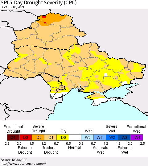 Ukraine, Moldova and Belarus SPI 5-Day Drought Severity (CPC) Thematic Map For 10/6/2021 - 10/10/2021