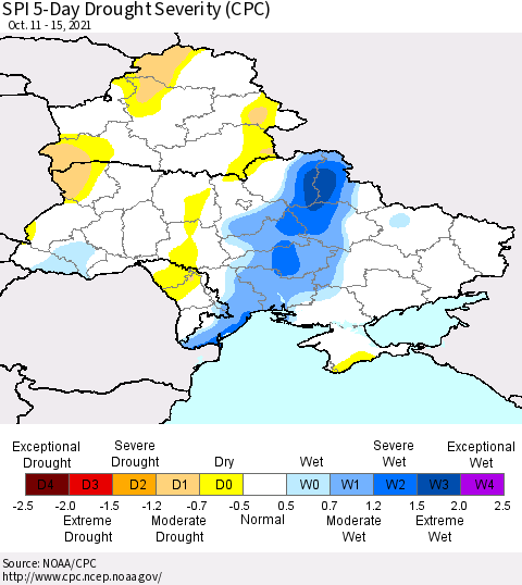 Ukraine, Moldova and Belarus SPI 5-Day Drought Severity (CPC) Thematic Map For 10/11/2021 - 10/15/2021